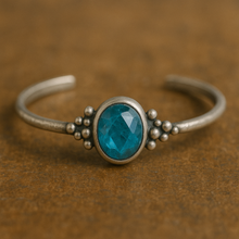 Load image into Gallery viewer, Student-made sterling silver cuff bracelet with calibrated gemstone and silver raindrop accents — Gems & Raindrops workshop, Tucson