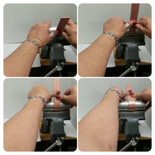 Load image into Gallery viewer, Joni Kisro demonstrating the use of the bracelet bender tool that she invented in 1976. It is now exclusively manufactured by www.TowedStudio.com in Tucson, Arizona.