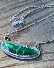 Load image into Gallery viewer, Utah Green Variscite and a Blue Sapphire Pendant Necklace set in sterling silver. The Sapphire is set pointed side up!