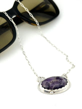 Load image into Gallery viewer, Natural Amethyst Pendant Necklace set in sterling silver with confetti texture on the back.  Necklace is handmade by TowedStudio.com.