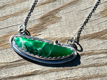 Load image into Gallery viewer, Utah Green Variscite and a Blue Sapphire Pendant Necklace set in sterling silver. The Sapphire is set pointed side up!