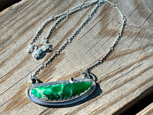 Load image into Gallery viewer, Utah Green Variscite and a Blue Sapphire Pendant Necklace set in sterling silver. The Sapphire is set pointed side up!