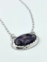 Load image into Gallery viewer, Natural Amethyst Pendant Necklace set in sterling silver with confetti texture on the back.  Necklace is handmade by TowedStudio.com.