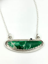 Load image into Gallery viewer, Utah Green Variscite and a Blue Sapphire Pendant Necklace set in sterling silver. Handmade by www.TowedStudio.com
