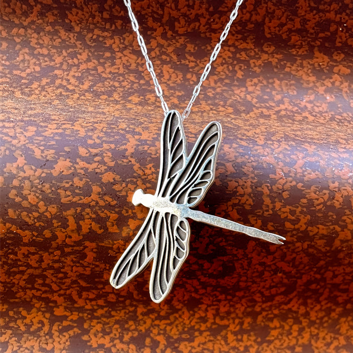Hand-drawn Dragonfly, Sterling Silver Pendant Necklace