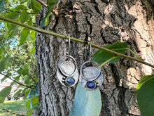 Load image into Gallery viewer, Kyanite and sterling silver dangle earrings with bubble texture. Handmade by www.TowedStudio.com.

