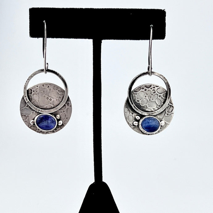 Kyanite and sterling silver dangle earrings with bubble texture. Handmade by www.TowedStudio.com.