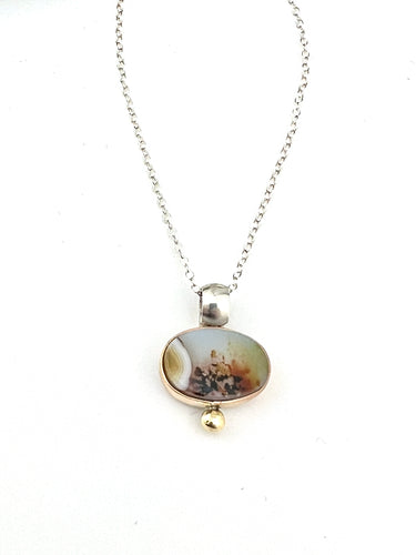 Scenic Agate Pendant Necklace set in Sterling Silver with 14 gold filled bezel and accent, handmade by www.TowedStudio.com