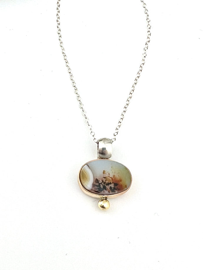 Scenic Agate Pendant Necklace set in Sterling Silver with 14 gold filled bezel and accent, handmade by www.TowedStudio.com