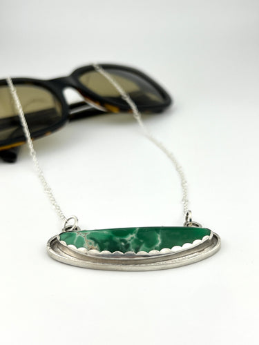 Utah Green Variscite and a Blue Sapphire Pendant Necklace set in sterling silver. The Sapphire is set pointed side up!