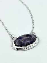 Load image into Gallery viewer, Natural Amethyst Pendant Necklace set in sterling silver with confetti texture on the back.  Necklace is handmade by TowedStudio.com. 
